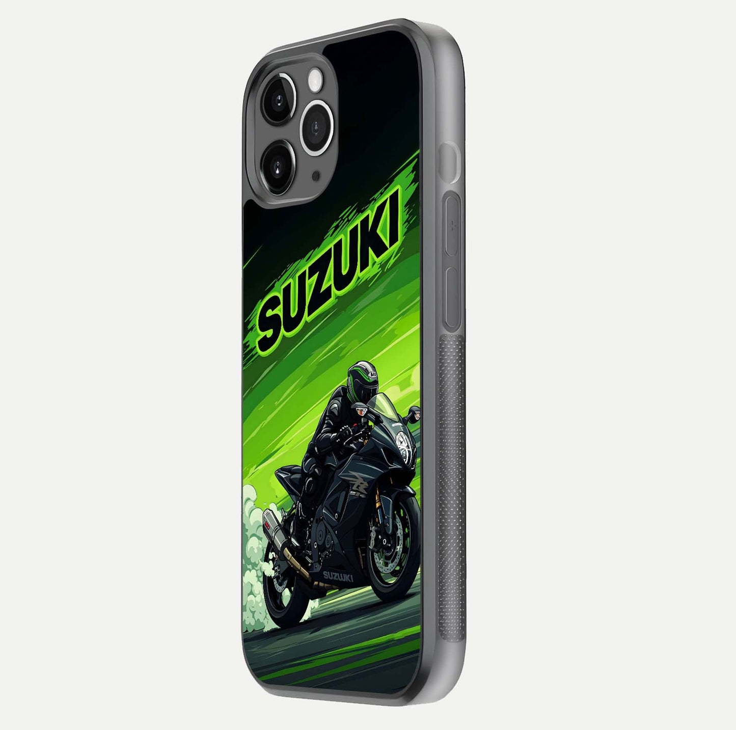 Suzuki Speed Beast Glass Case for iPhone 11 Pro Max floating dual-view mockup displaying gloss texture and shine