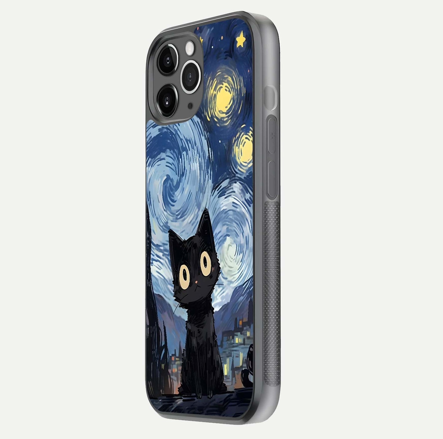Van Gogh Cat Glass Case for iPhone 11 Pro Max floating dual-view mockup displaying gloss shine and artistic texture