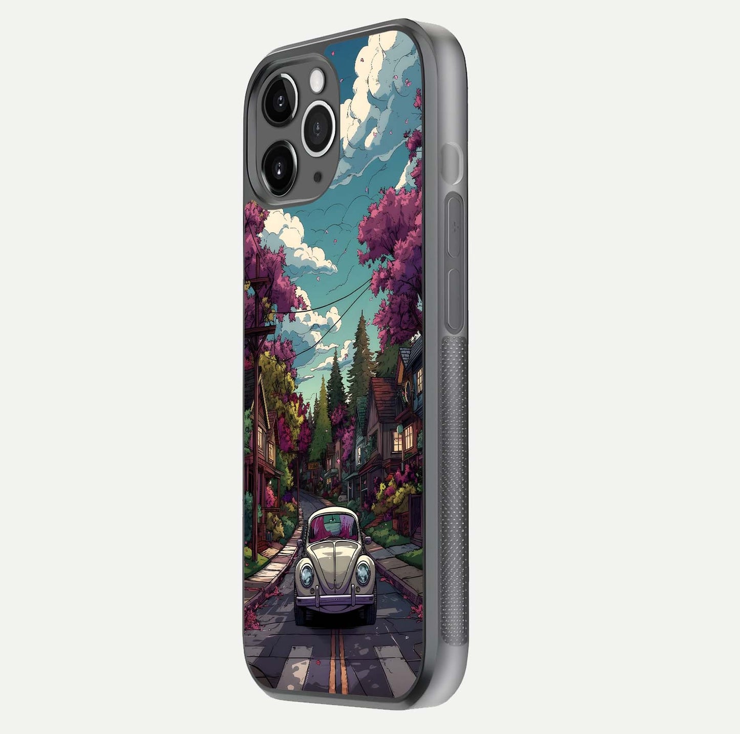 Vintage Street Drive Glass Case for iPhone 11 Pro Max floating dual-view mockup displaying gloss shine and texture