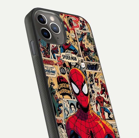 Aesthetic Spider Man Glass Case for iPhone 11 Pro Max side-angle image showing superhero comic print, camera module, and glossy finish reflection