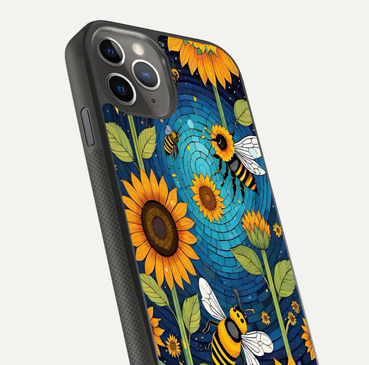 Bees & Sunflowers Glass Case for iPhone 11 Pro Max side-angle image showing bee pattern alignment and shiny protective surface