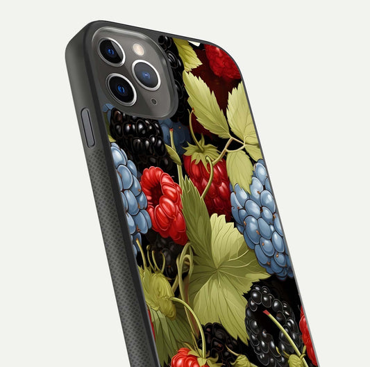 Berry Bloom Charm Glass Case for iPhone 11 Pro Max side-angle image showing floral texture and high-definition print gloss