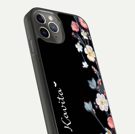 Black Elegance Floral Custom Name Glass Case for iPhone 11 Pro Max side-angle showing black gloss depth and delicate print texture