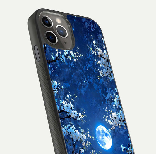Blossom Moonlight Sky Glass Case for iPhone 11 Pro Max side-angle view emphasizing moonlight tones and protective edge