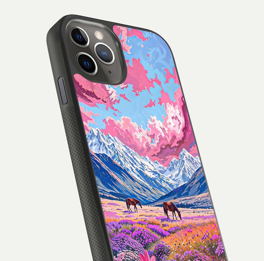Blossom Valley Dream Glass Case for iPhone 11 Pro Max side-angle shot showcasing bloom tones and gloss texture
