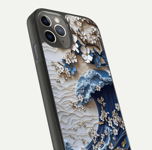 Blossom Wave Art Glass Case for iPhone 11 Pro Max side-angle view showing wave-flow print and gloss edge finish