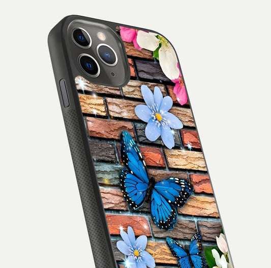 Brick Bloom Flight Glass Case for iPhone 11 Pro Max side-angle photo showing curve shine and detailed petal contrast