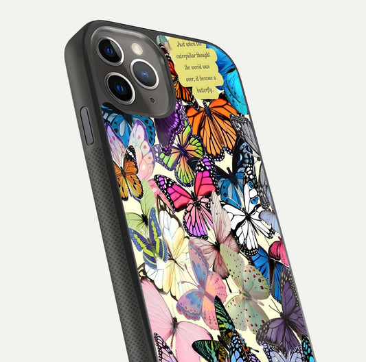 Butterflies Petal Dream Glass Case for iPhone 11 Pro Max side-angle shot showing butterfly motion and curved edges