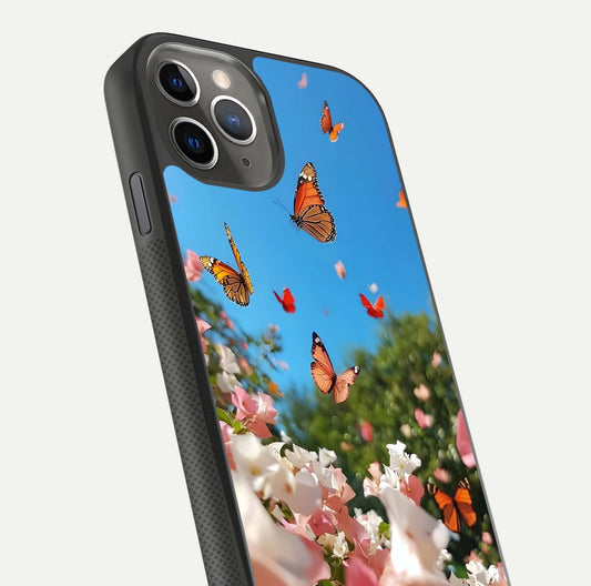 Butterflies in Bloom Sky Glass Case for iPhone 11 Pro Max side-angle image showing delicate details and gloss polish