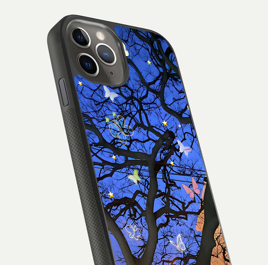 Butterfly Night Magic Glass Case for iPhone 11 Pro Max side-angle view capturing butterfly contrast and glossy depth