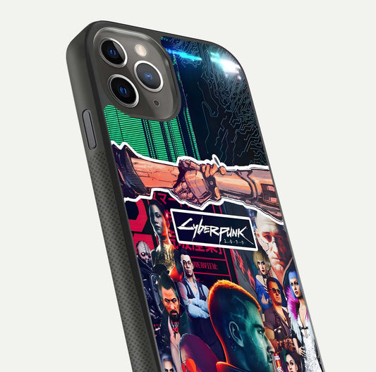 CYBERPUNK Legacy Glass Case for iPhone 11 Pro Max side-angle photo showing edge glow and reflective surface