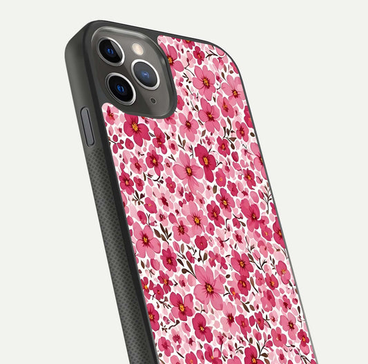 Cherry Blossom Charm Glass Case for iPhone 11 Pro Max side-angle image showing reflection gloss and soft texture
