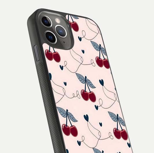Cherry Heart Line Glass Case for iPhone 11 Pro Max side-angle view capturing smooth curves and shine effect