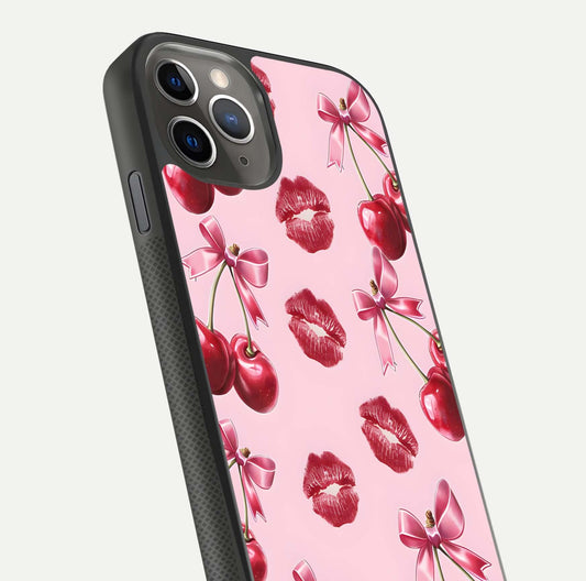 Cherry With Lips Glass Case for iPhone 11 Pro Max side-angle image showing gloss reflection and fine details