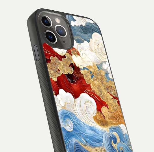 Colored Waves Glass Case for iPhone 11 Pro Max side-angle image showing light reflection, edge design, and shine