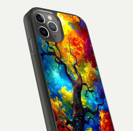 Colorful Tree Glass Case for iPhone 11 Pro Max side-angle image showing curve reflection and fine print texture