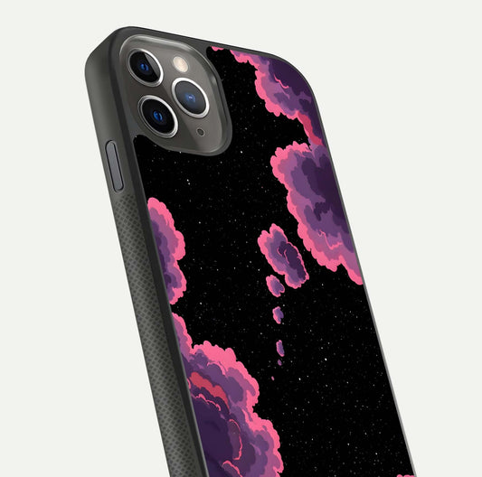 Cosmic Cloud Journey Glass Case for iPhone 11 Pro Max side-angle photo showing glass reflection and smooth tone