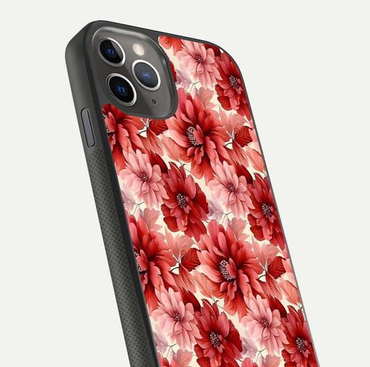 Crimson Love Petals Glass Case for iPhone 11 Pro Max side-angle photo showing reflection glow and edge clarity