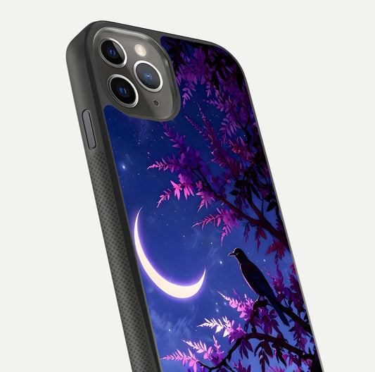 Crow & Moon Scenery Glass Case for iPhone 11 Pro Max side-angle photo capturing glossy shine and artistic contrast
