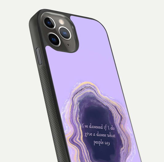 Damned People Quote Glass Case for iPhone 11 Pro Max side-angle image showing light shine and smooth edges