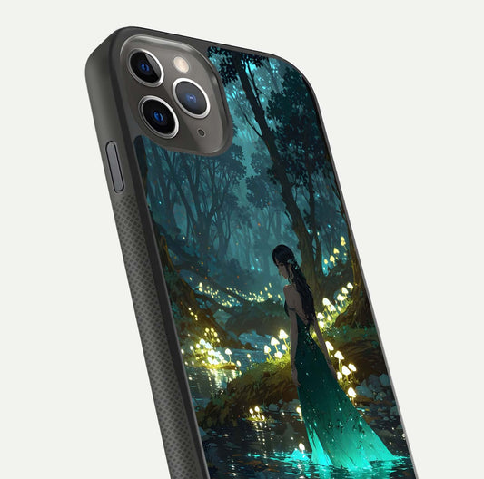 Enchanted Forest Glow Glass Case for iPhone 11 Pro Max side-angle image capturing shine reflection and rich detail
