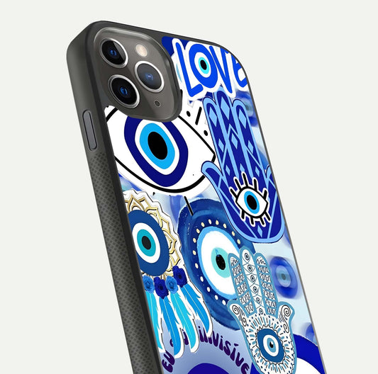 Evil Eyes Dream Glass Case for iPhone 11 Pro Max side-angle photo capturing smooth edges and reflective texture