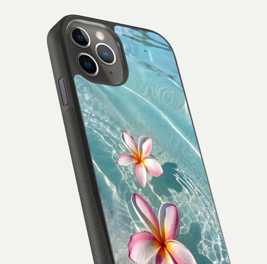 Floating Bloom Bliss Glass Case for iPhone 11 Pro Max side-angle photo showing smooth reflection and elegant curve