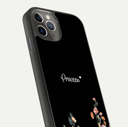 Floral Design Personalized Custom Name Glass Case for iPhone 11 Pro Max side-angle image showing name alignment and gloss shine