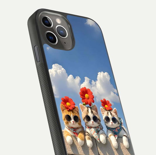 Floral Kitty Squad Glass Case for iPhone 11 Pro Max side-angle photo showing reflection glow and polished surface
