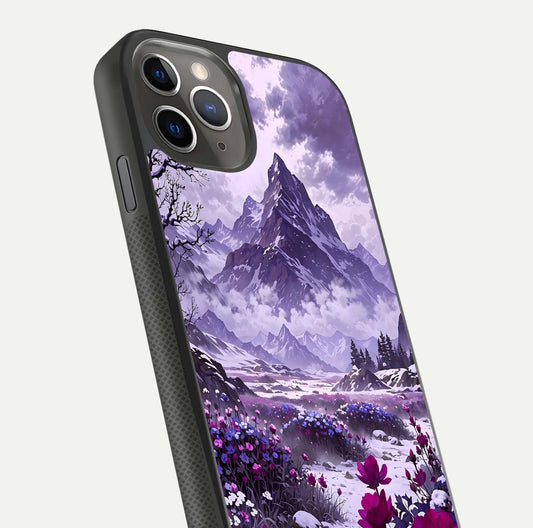 Flower Mountain View Glass Case for iPhone 11 Pro Max side-angle image showing gloss polish and smooth edge