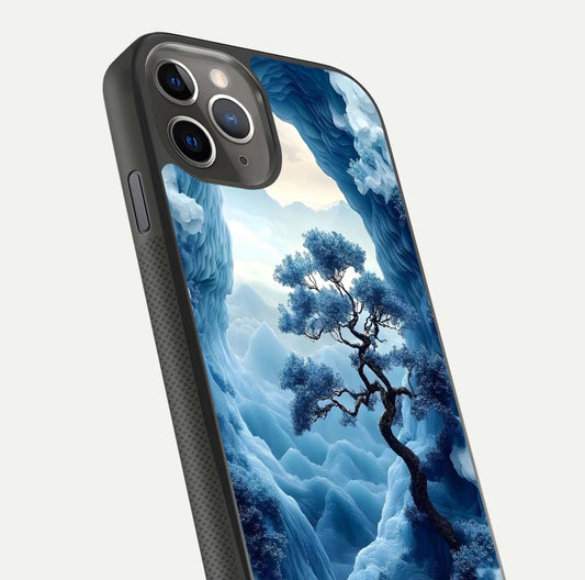 Frozen Serenity Gate Glass Case for iPhone 11 Pro Max side-angle photo showing reflective surface and cold tones