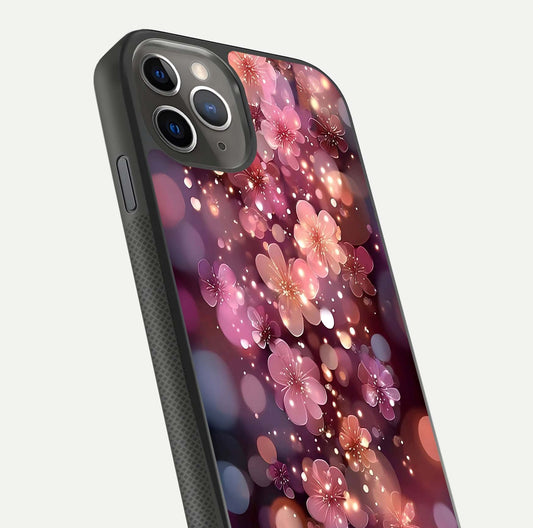 Glowing Petal Bliss Glass Case for iPhone 11 Pro Max side-angle image showing light reflection and soft floral texture
