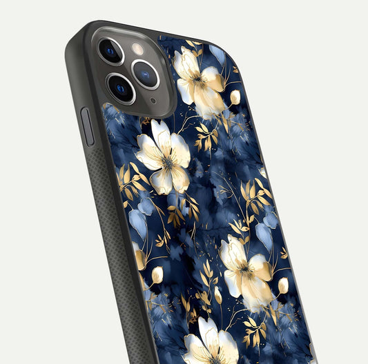 Golden Midnight Bloom Glass Case for iPhone 11 Pro Max side-angle image showing shine depth and elegant edge design