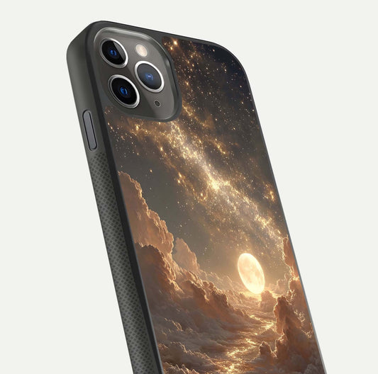 Golden Sky Dream Glass Case for iPhone 11 Pro Max side-angle image showing reflection shine and smooth surface