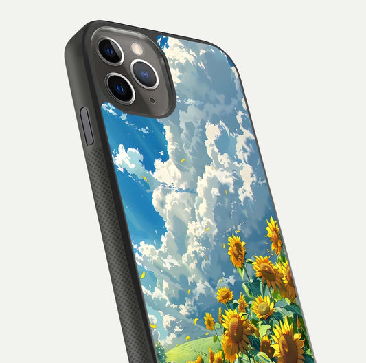 Golden Sun Glory Glass Case for iPhone 11 Pro Max side-angle image showing reflection glow and luminous texture