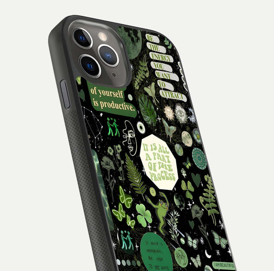 Green Moon Energy Glass Case for iPhone 11 Pro Max side-angle image showing reflection brilliance and curved finish