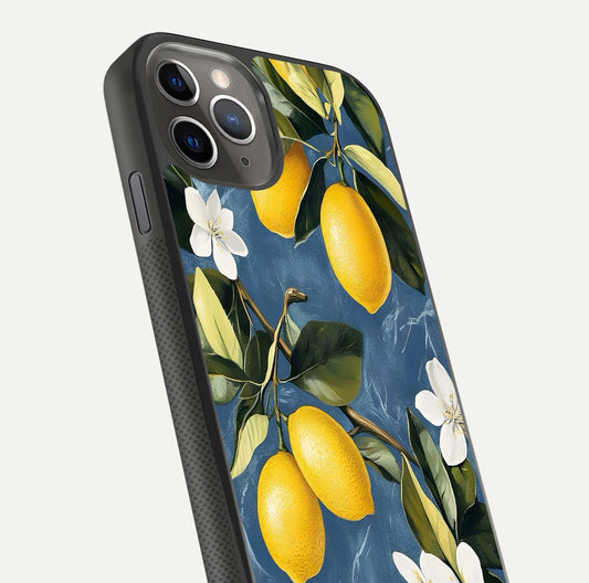 Lemon Dream Garden Glass Case for iPhone 11 Pro Max side-angle image showing reflection clarity and artistic fruit design