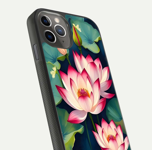 Lotus Dream Serenity Glass Case for iPhone 11 Pro Max side-angle image revealing reflection clarity and calm tones