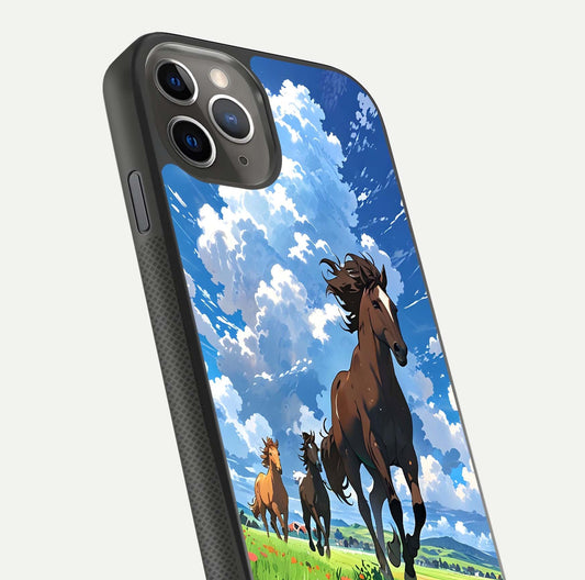 Majestic Horses Galloping Glass Case for iPhone 11 Pro Max side-angle shot emphasizing reflection and running artwork