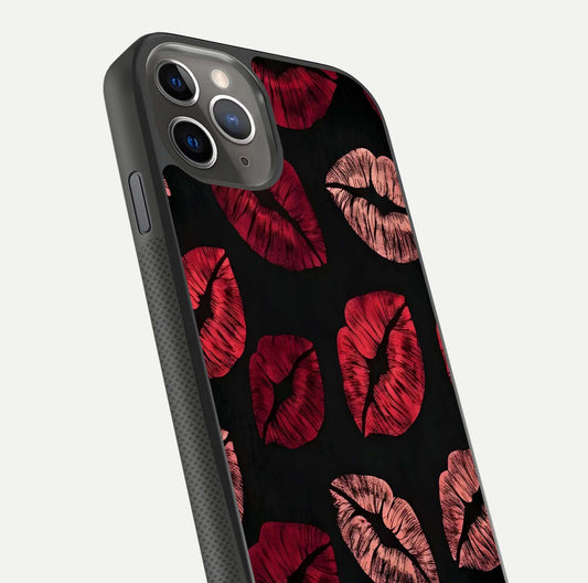 Midnight Kiss Love Glass Case for iPhone 11 Pro Max side-angle image revealing gloss texture and deep love motif