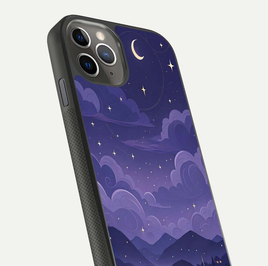 Minimal Night View Glass Case for iPhone 11 Pro Max side-angle image showing subtle reflection and urban design