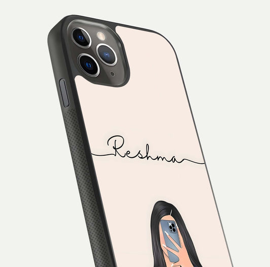 Mirror Mood Muse Custom Name Glass Case for iPhone 11 Pro Max side-angle image emphasizing glossy mirror texture