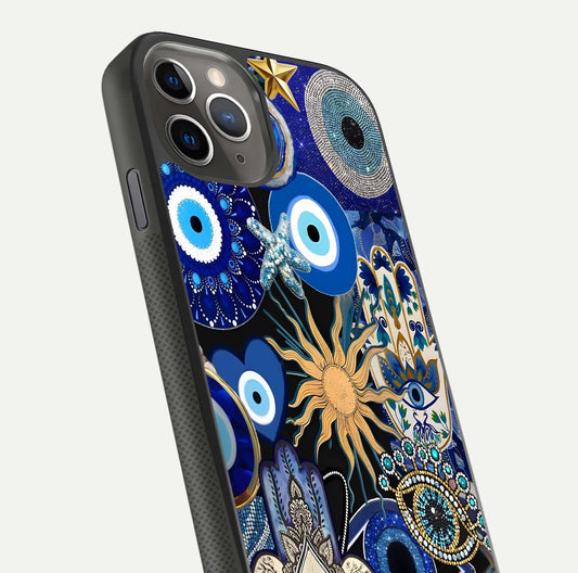 Mystic Blue Evil Eye Glass Case for iPhone 11 Pro Max side-angle image showing smooth gloss and charm design