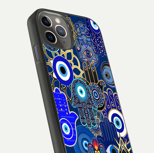 Mystic Palm Guard Glass Case for iPhone 11 Pro Max side-angle image showing shine depth and sacred motif
