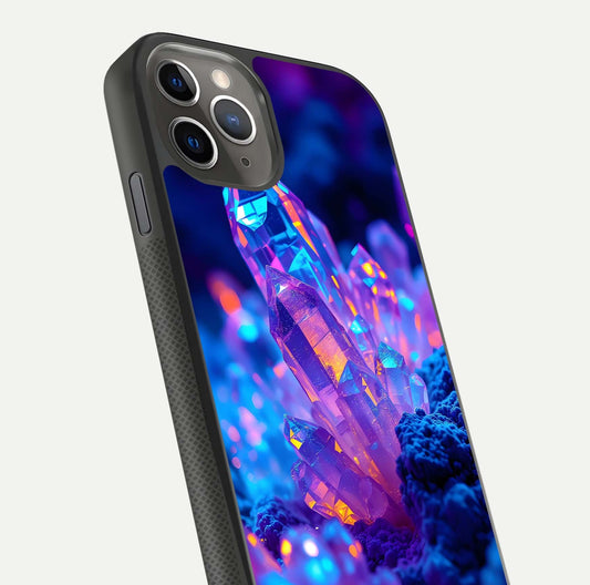 Neon Aura Shards Glass Case for iPhone 11 Pro Max side-angle image showing light depth and glossy contrast