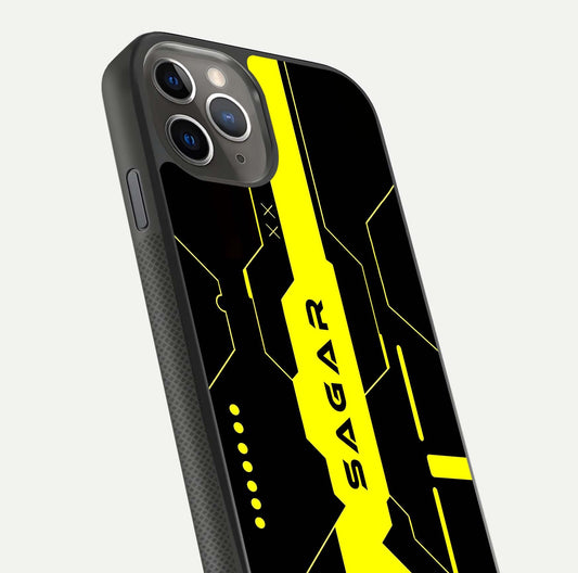 Neon CYBERPUNK Custom Name Glass Case for iPhone 11 Pro Max side-angle image showing glow depth and bold print