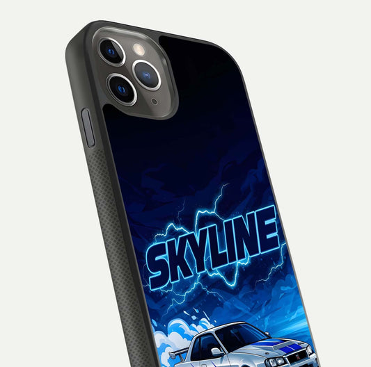 Neon Drift Beast Glass Case for iPhone 11 Pro Max side-angle image showing reflection depth and bold neon tones