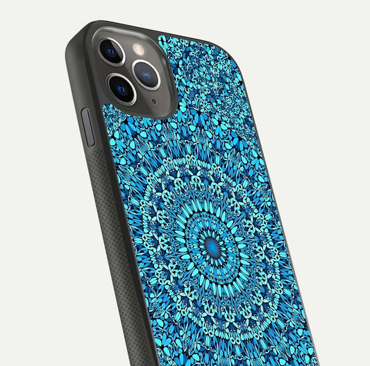 Ocean Bloom Mandala Glass Case for iPhone 11 Pro Max side-angle image showing reflection and detailed floral pattern
