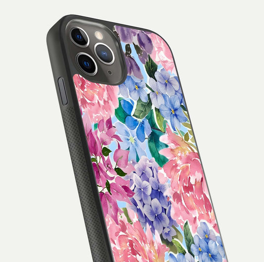 Pastel Floral Mix Glass Case for iPhone 11 Pro Max side-angle image showing reflection and delicate pastel hues