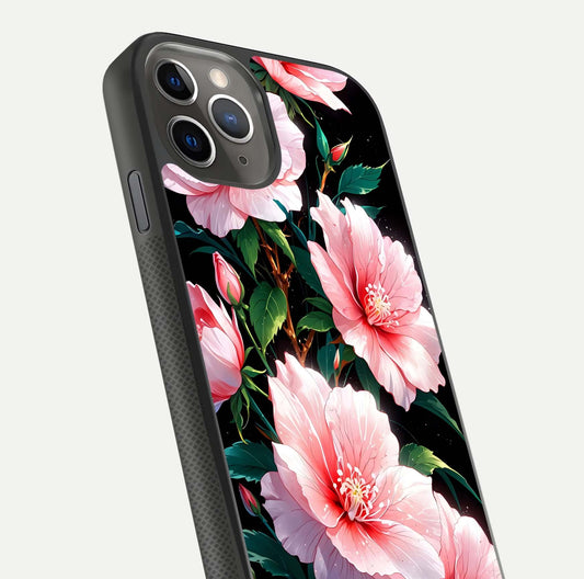 Peach Flower Glass Case for iPhone 11 Pro Max side-angle image showing gloss depth and peach blossom detail